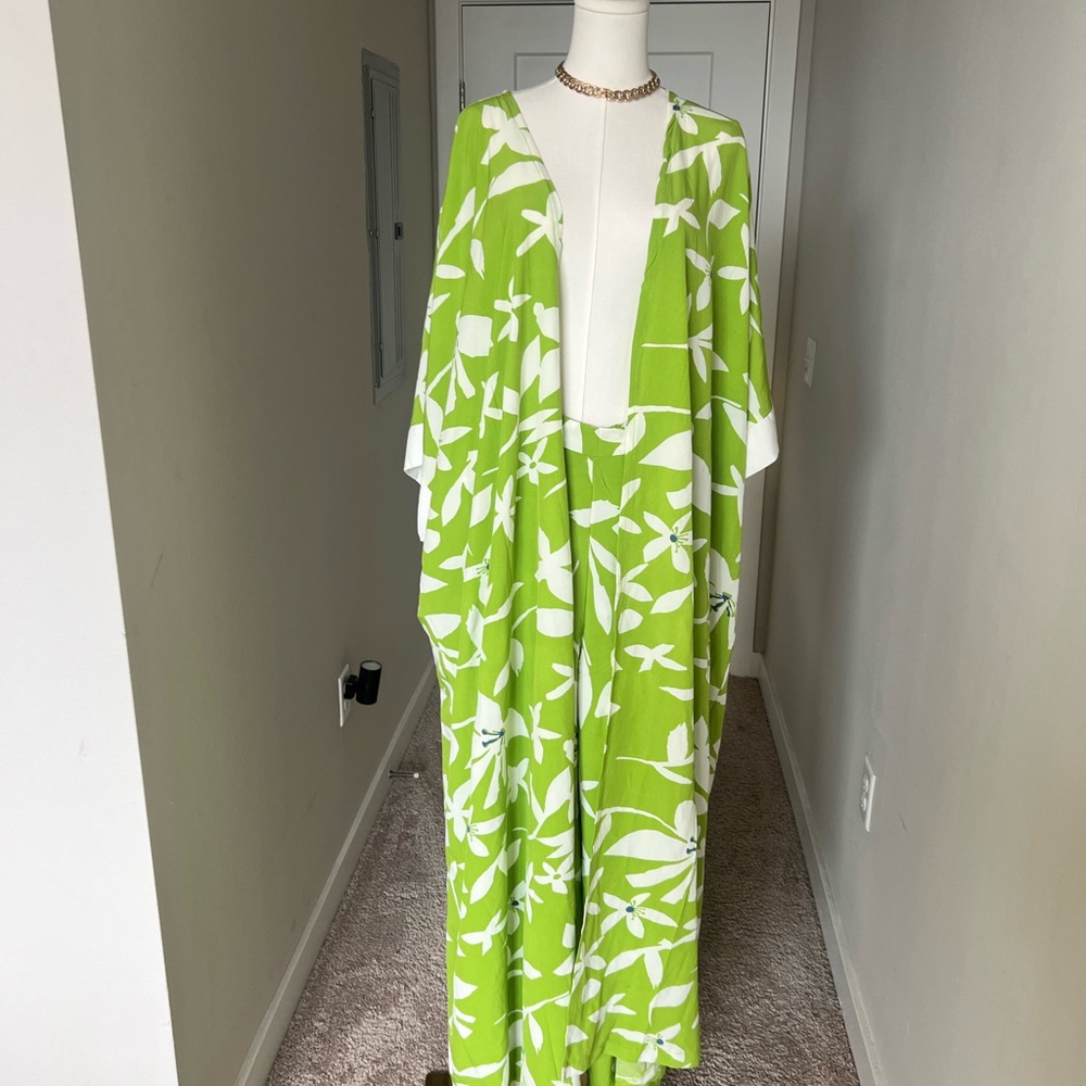 Green and White Floral Kimono pant set